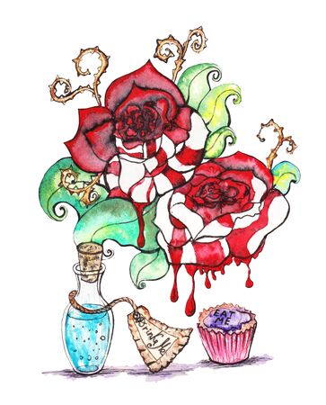 watercolor illustration to the fairy tale Alice's Adventures in Wonderland. "Eat me" cupcake, bottle with blue magic elixir "drink me". Ðquarelle set Alice in wonderland isolated on whiteの写真素材