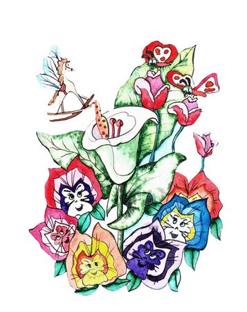 Magic watercolor illustration to the fairy tale Alice's Adventures in Wonderland. Isolated on white. Multi-colored cute pansy flowers are smiling. A little horse with wings, butterflies, and insects.の写真素材
