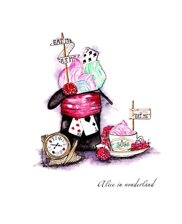 Magical watercolor illustration to the fairy tale Alice's Adventures in Wonderland. Set -"eat me" cupcake, black hat, red ribbon, cup tea, cream, playing cards, raspberry, an old pocket watchの写真素材