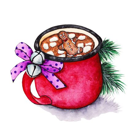 Red cup with a bow, cream, canella, bells, a sprig of Christmas tree, gingerbread and marshmallows. Hand-drawn drinks watercolor illustration for greeting cards, logos, print. Cappuccino design.の写真素材