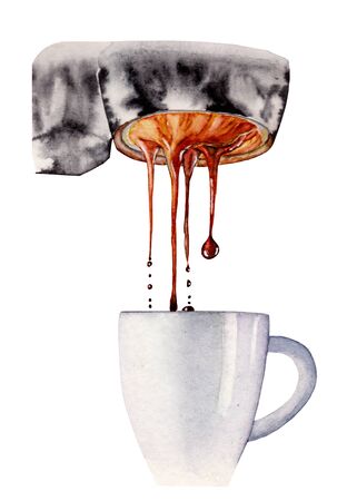 Porcelain cup with saucer. Hand-drawn drinks watercolor illustration for greeting cards, invitation, logos, print. Cappuccino food design. Drawing hot coffee Americano, espresso. の写真素材