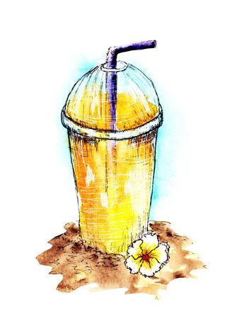 Hand-drawn watercolor illustration Pina Colada . Food sketching for printing, card, invitation, menu, design element. Glasses with alcohol drinks. Fresh exotic caramel cocktaili, Mai Tai,Tom Collins; lemonade; orange juice; Tequila Sunriseの写真素材