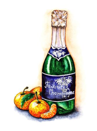 Watercolor festive illustration a bottle of champagne and tangerines.  Food sketching mandarins for design, print, menu, New Year card, invitation. Traditional foodstuffs of an alcoholic drink.の写真素材