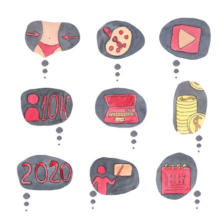 Premium quality watercolor icons set. Hand-drawn aquarelle personal icon. Flat lay watercolour objects isolated on white background - diet, drawing, laptop, money, earnings, 2020, calendar, trainingの写真素材