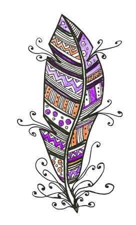 Colorful bird feather, watercolor vibrant design. Hand-drawn element, realistic style. Ethnic colored feather sketched collection. Design for a T-shirt, invitation, wedding card. Boho style. Watercolor sketch.の写真素材