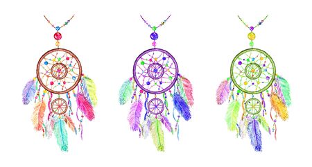 Watercolor decoration bohemian dreamcatcher. Boho feathers decoration. Native dream of chic design. Mystery ethnic tribal print. American culture design. Gypsy ornament, dream catcherの写真素材