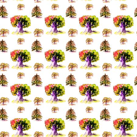 The watercolor pattern of trees and bushes on a white background. Hand-drawn botanical elements for design, print, textile, fabric, icons. Garden and tropical plants. Summer, spring, autumn sketch.の写真素材