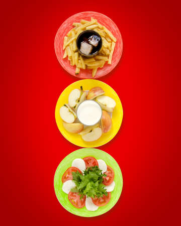 Healthy food concept, shown in form of traffic light. On red plate unhealthy meal. On yellow one -...