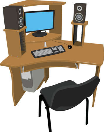 A place for work and leisure  Wooden table with shelves for DVD discs on which there is a computer and speakers on a white backgroundのイラスト素材