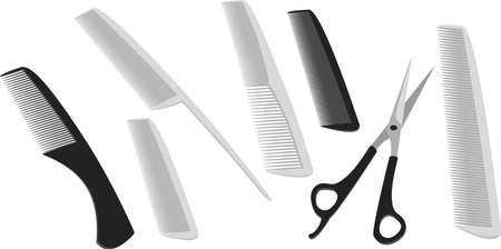A set used by barbers and hair stylists  Hairdressing scissors and combs are many different on a white backgroundのイラスト素材