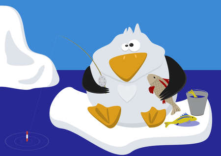 Funny penguin rod catches the fish sitting on ice floe. In the background is the skyline.のイラスト素材