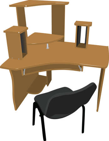 Convenient workplace for the house and office. A big table-top, a place for computer, monitor, printer and stereo speakers, shelf for DVD disks.のイラスト素材