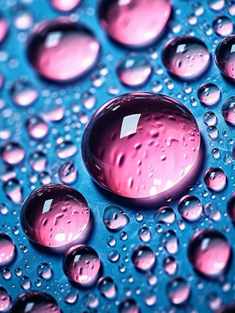 Water drops on blue background. Water drops on metallic surface. Water drops.の素材
