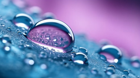 Water drops on a blue leaf with a purple background. Macro.の素材