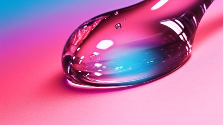 close up of a water drop on a pink and blue background.の素材