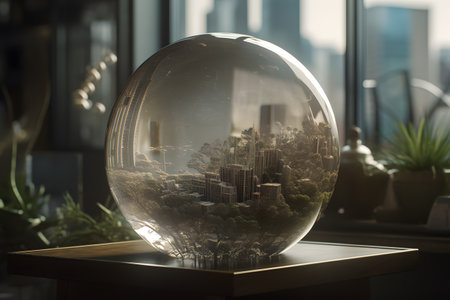 Glass globe with a view of the city inside. 3d renderingの素材