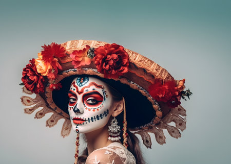 Day of the Dead, Dia de los Muertos, Day of the Dead. Beautiful woman in sugar skull makeup over gray backgroundの素材