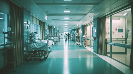 Interior of a hospital corridor with a patient in a stretcherの素材