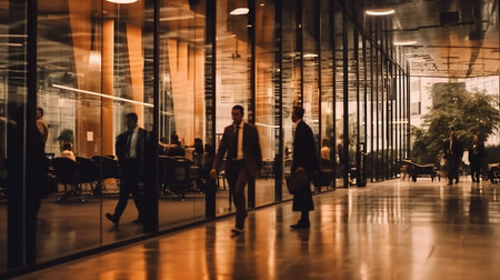 Silhouettes of business people walking in a modern office building.の素材
