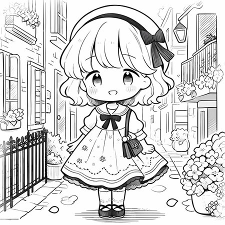 Little girl on the street. Black and white vector illustration for coloring bookのイラスト素材