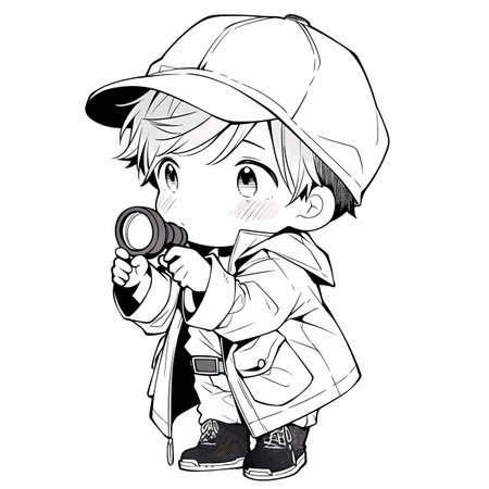 Boy in a cap with a binoculars. Vector illustration.のイラスト素材