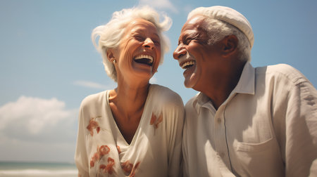 Senior couple having fun on the beach. They are laughing and looking at each other.の素材