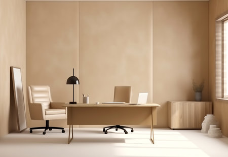 Interior of modern bright office with beige walls, concrete floor, comfortable beige armchairs and computer on table. 3d renderingの素材