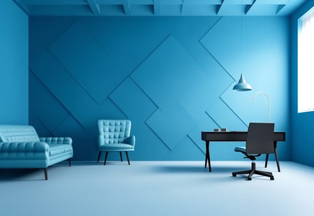 Blue living room interior with blue walls, blue sofa and armchair. 3d renderingの素材