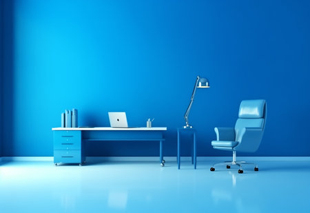 Modern office interior with blue wall and chair. 3D Renderingの素材