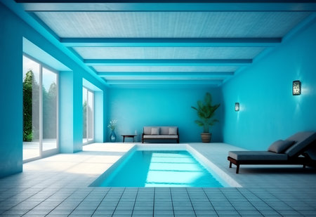 Swimming pool and living room with blue walls. 3d renderingの素材