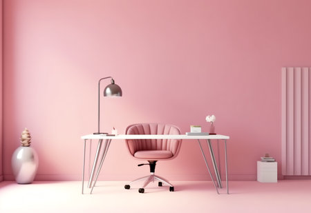 Pink office room with pink walls, white table and pink armchair. 3d renderingの素材