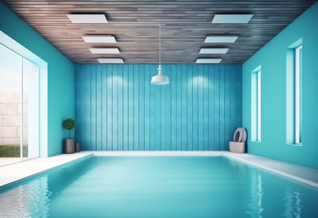 Interior of a swimming pool with blue walls, a concrete floor, a white bathtub and a ceiling lamp. 3d rendering mock upの素材