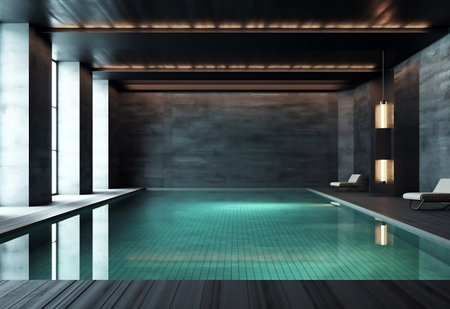 Luxury swimming pool interior with wooden floor. 3D Renderingの素材