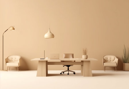 Interior of modern living room with beige walls, beige floor, wooden table with laptop and armchairs. 3d renderの素材