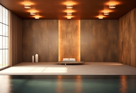 3d rendering of interior design with wooden wall and floor tiles.の素材