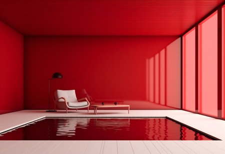 Interior of modern living room with red walls, white floor, white sofa and armchair near the swimming pool. 3d renderingの素材