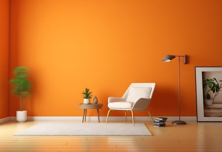 Living room with orange wall and white armchair. 3d renderingの素材
