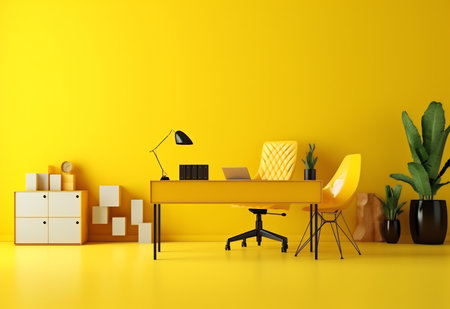 Yellow office interior with yellow wall, desk and chair. 3d renderの素材