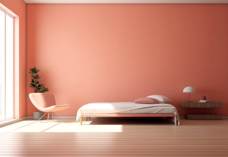 Interior of a modern bedroom with pink walls, a wooden floor and a white bed. 3d renderingの素材