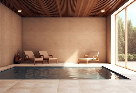 Swimming pool with sun loungers near the window. 3d renderingの素材