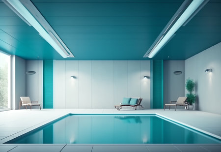 Interior of swimming pool with blue and white walls, tiled floor, comfortable armchairs and concrete floor. 3d renderingの素材