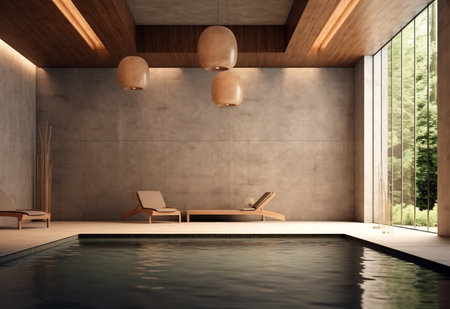 Swimming pool with sun loungers in modern interior. 3D Renderingの素材