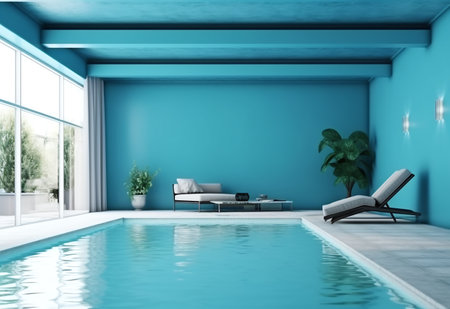 Interior of blue living room with swimming pool. 3d renderingの素材