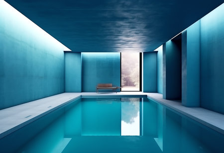 Swimming pool with blue walls and concrete floor. 3d renderingの素材