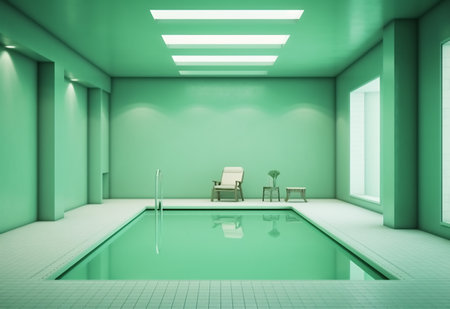 Interior of a swimming pool with a chair and a green wallの素材