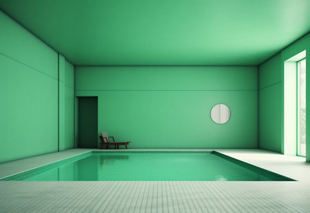 Interior of modern swimming pool with green walls and floor, 3d renderの素材