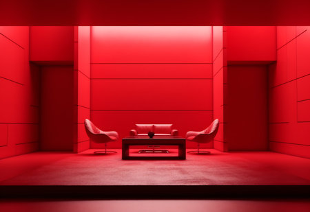 Interior of a red room with a sofa and a coffee tableの素材