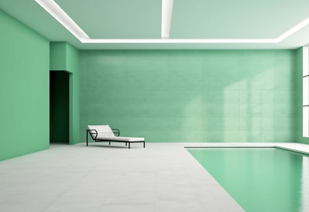green living room with a white bench and a green wall, 3d renderingの素材