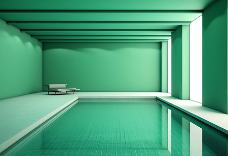 Interior of a swimming pool with a bench and a green wallの素材
