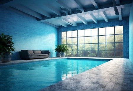 Swimming pool in a modern house with blue walls and floor. 3d renderingの素材